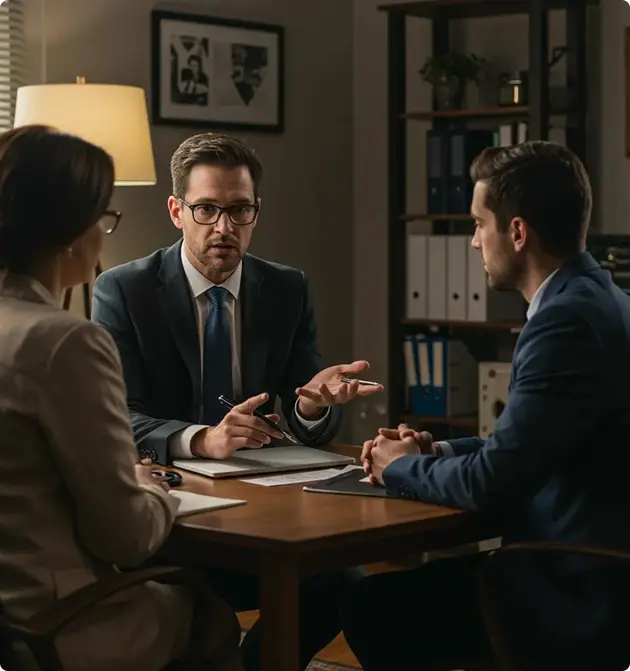 Three business professionals engaged